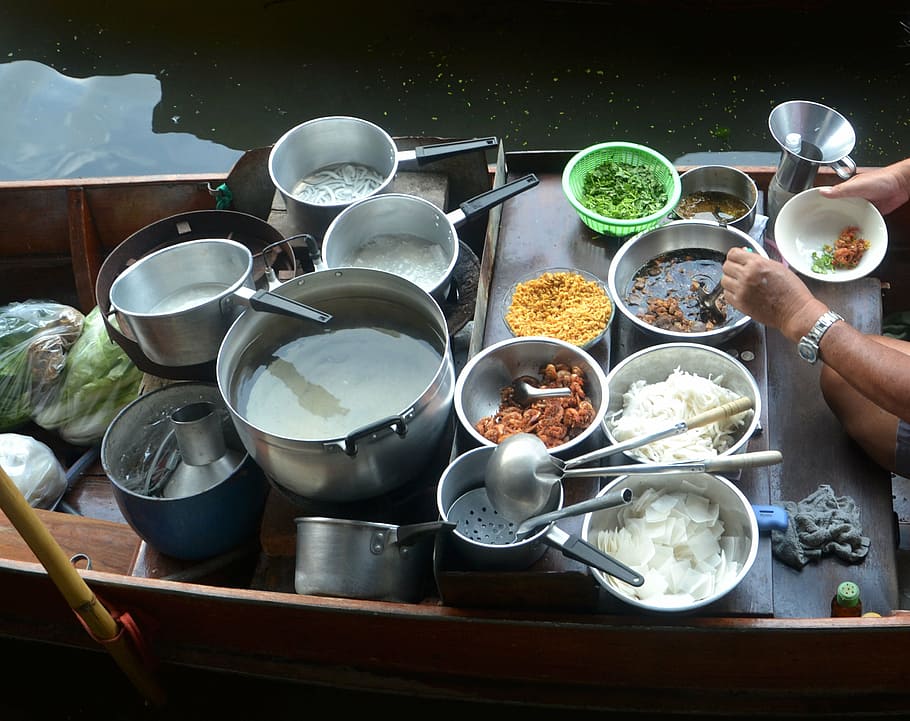 stainless, steel cook pot lot, pots, pans, cooking, boat, river boat, kitchen, food, saucepan