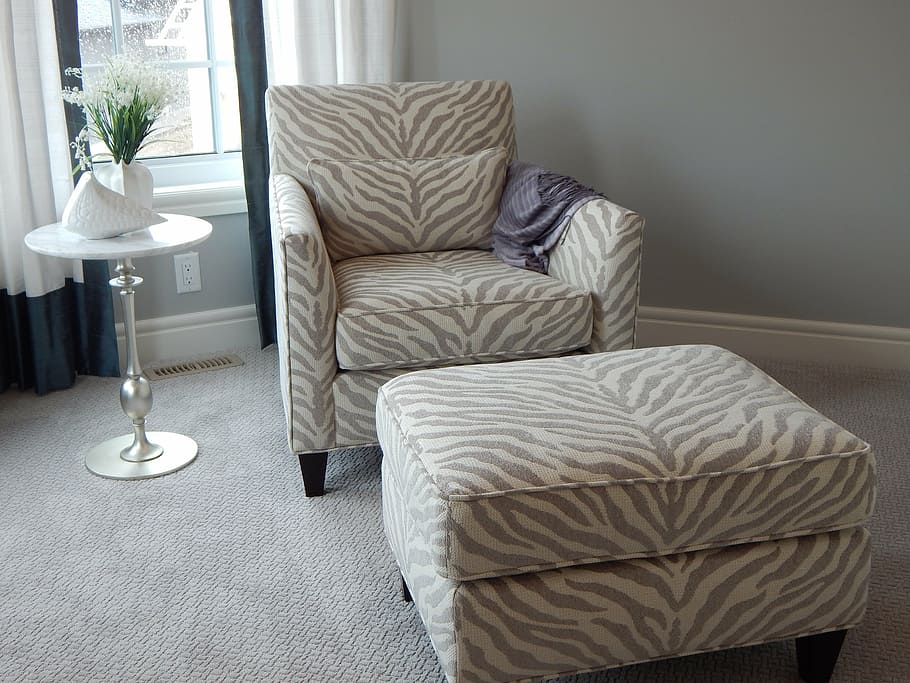 gray, beige, zebra skin, printed, sofa chair, ottoman, side table, chair, furniture, seating