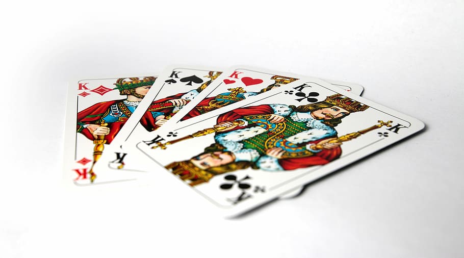 empat, raja, bermain, kartu, poker, empat raja, permainan kartu, latar belakang putih, foto studio, di dalam ruangan