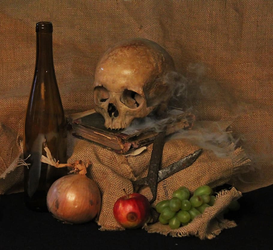 natureza morta, crânio, fumaça, crânio humano, esqueleto humano, osso, assustador, esqueleto, dentro de casa, dia das bruxas