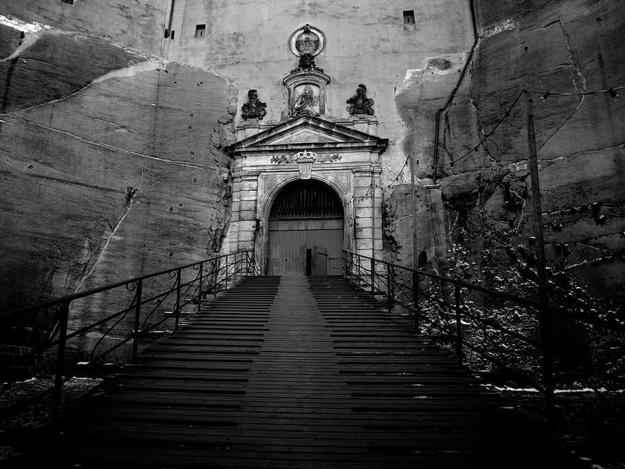 Porta, objetivo, entrada, castelo, misterioso, portão, escadas, sombra, ponte levadiça, portão do castelo