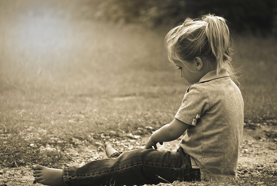 grayscale photo, girl, wearing, polo shirt, boy, child, playing, happy, kid, childhood