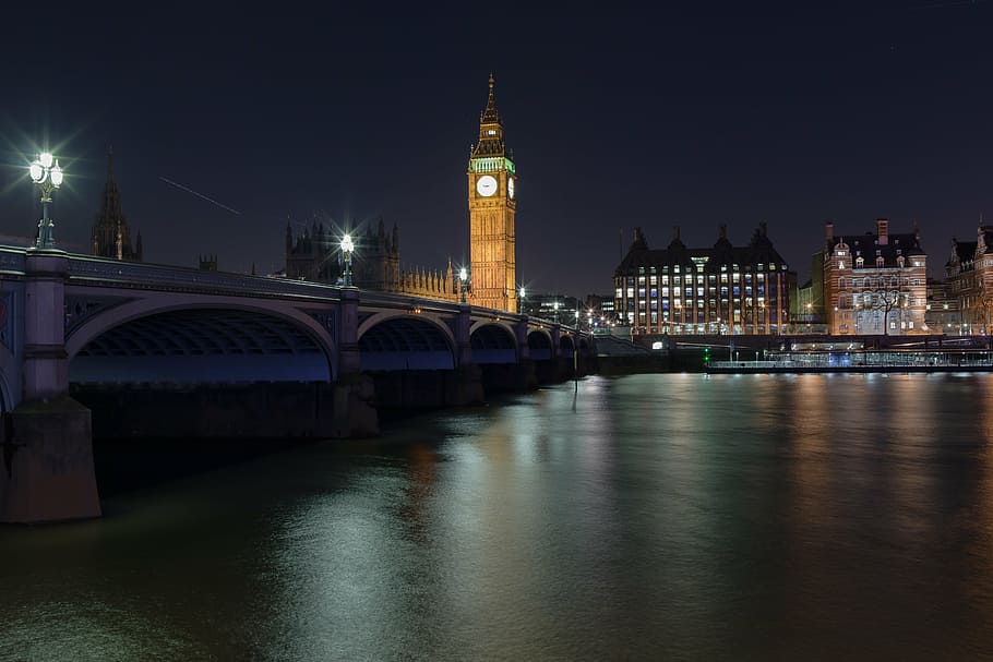arch bridge, elizabeth tower, nighttime, westminster, big ben, london, england, uk, bridge, government
