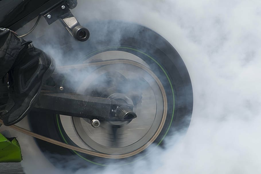 motorcycle wheel, covered, smoke, motorcycle, burn-out, burn out, spin, mature, heat, rubber