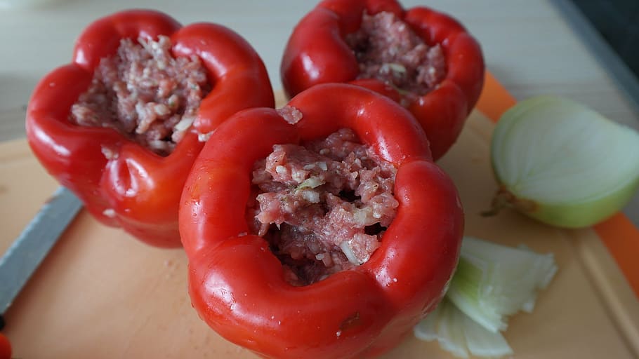 paprika, red fill, minced meat, stuffed peppers, onion, sweet peppers, cook, kitchen, food, food and drink