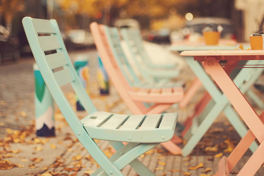 rosa, verde azulado, de madera, plegable, mesa, sillas, conjunto, mesa plegable, silla, al aire libre