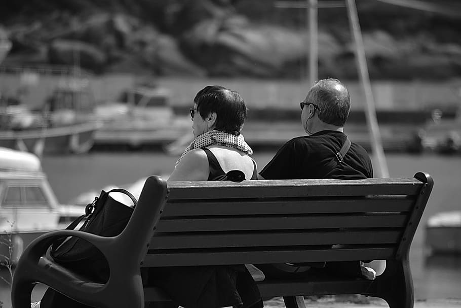 grayscale photo, couple, sitting, bench, black and white, characters, humans, people, woman, man