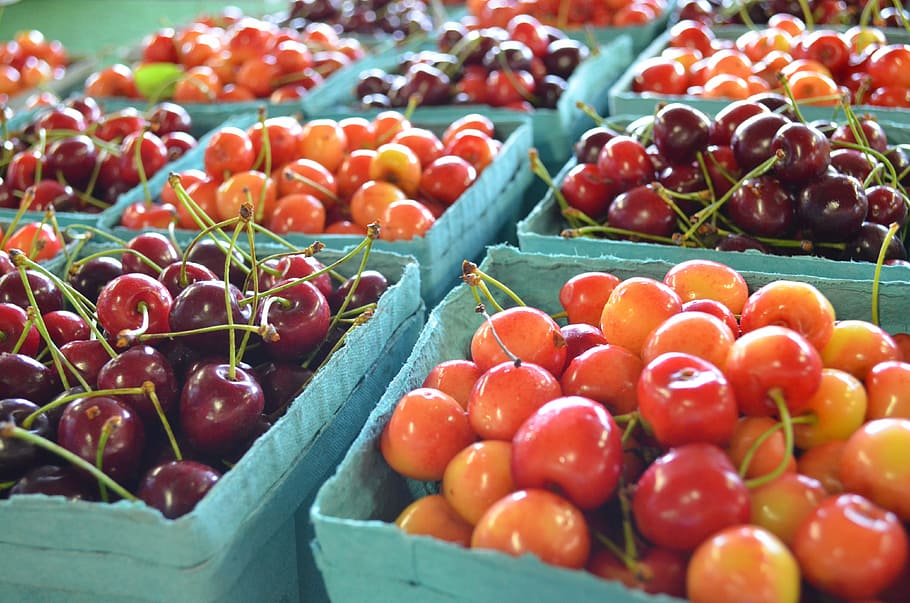 pile, cherry, fruits, farmers market, food, organic, healthy, fresh, local, garden