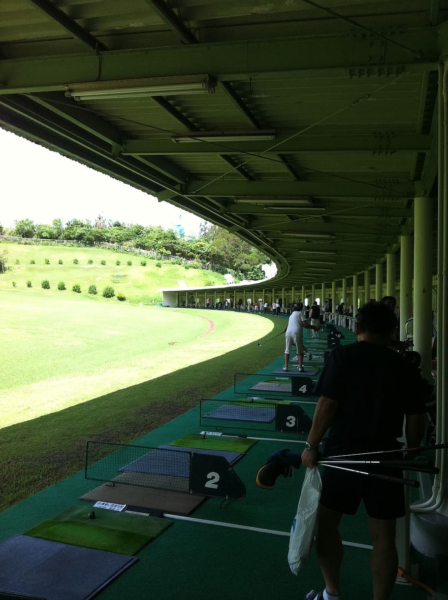 golf driving range, yonabaru, symmetric, real people, architecture, men, day, built structure, lifestyles, rear view