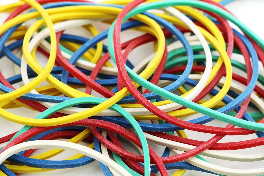bandas de goma de colores variados, banda, bandas, unión, negocios, colores, conceptual, elástico, flexible, goma