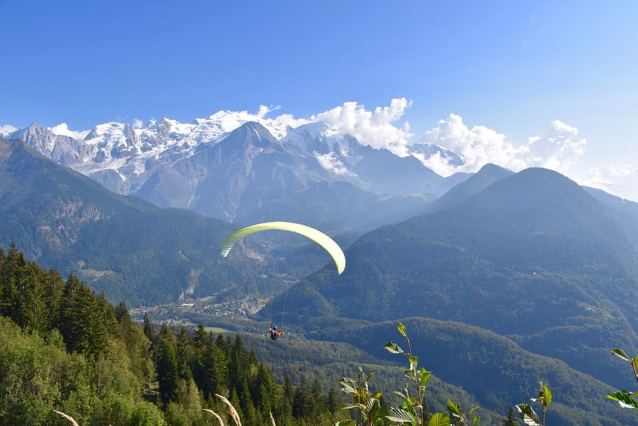 paragliding, paraglider, mountains, glacier, sailing, wing paragliding, rhône - alpes, mont blanc, aiguille du midi, haute savoie