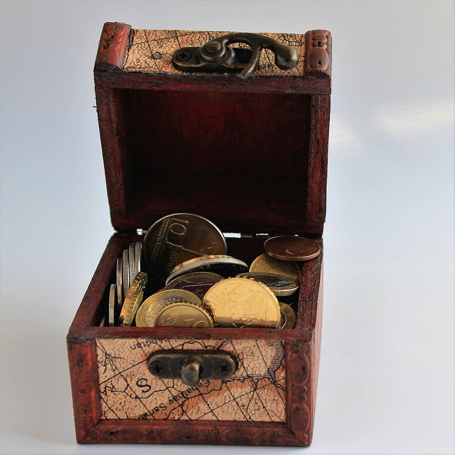 валюта, монета, шкатулка, золото, копейка, сбережения, старый, античный, Ящик, В помещении