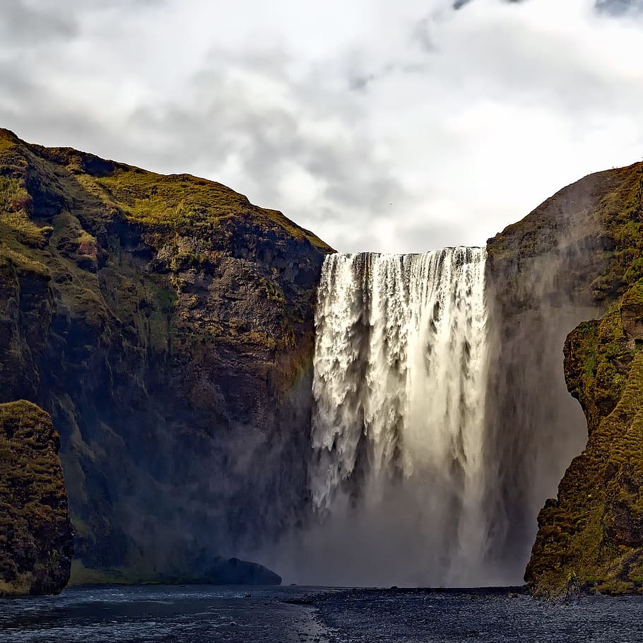 agua, caídas, fotografía, durante el día, Islandia, cascada, corriente, río, montañas, acantilado