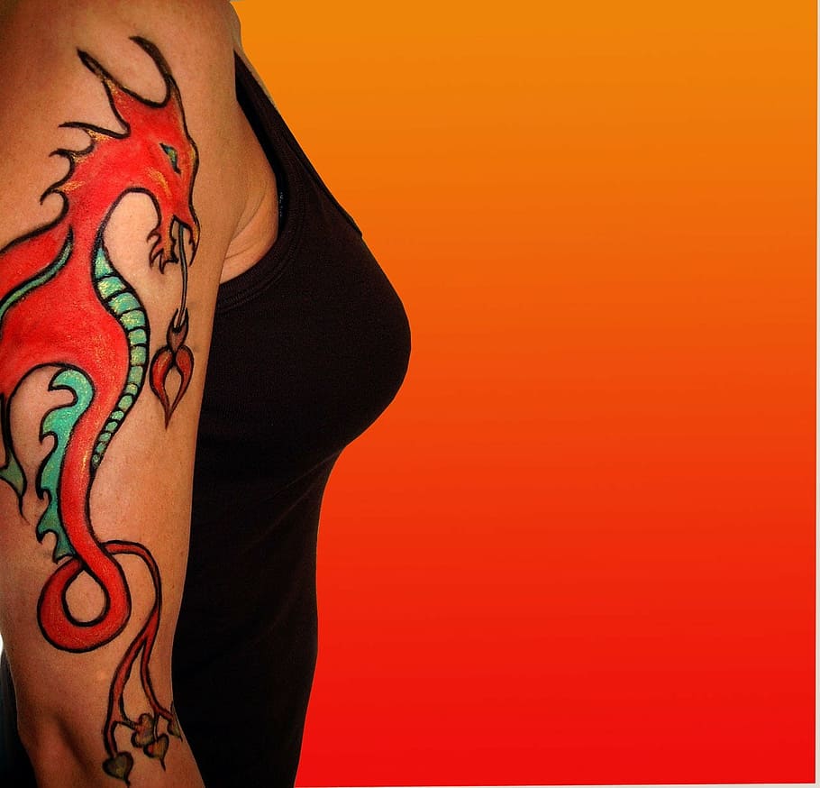 tatuaje, temporal, dragón, brazo, dama, mujer, frontera, parte del cuerpo humano, parte del cuerpo, adulto