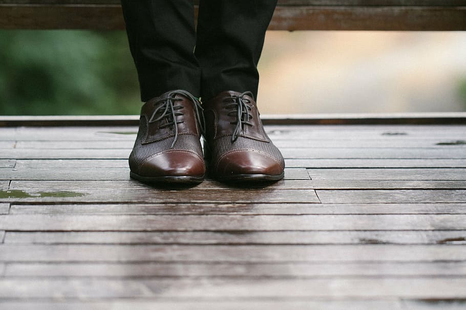 person, wearing, brown, leather shoes, standing, surface, men, shoes, oxford, classic