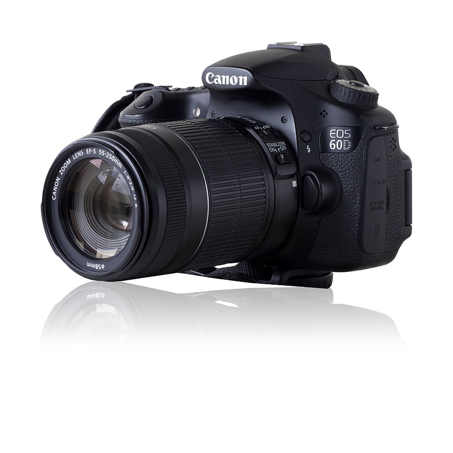 Canon eos 60d, ef-s 55-250 mm, cámara, lente, digital, fotografía, aislado, foto, negro, dslr