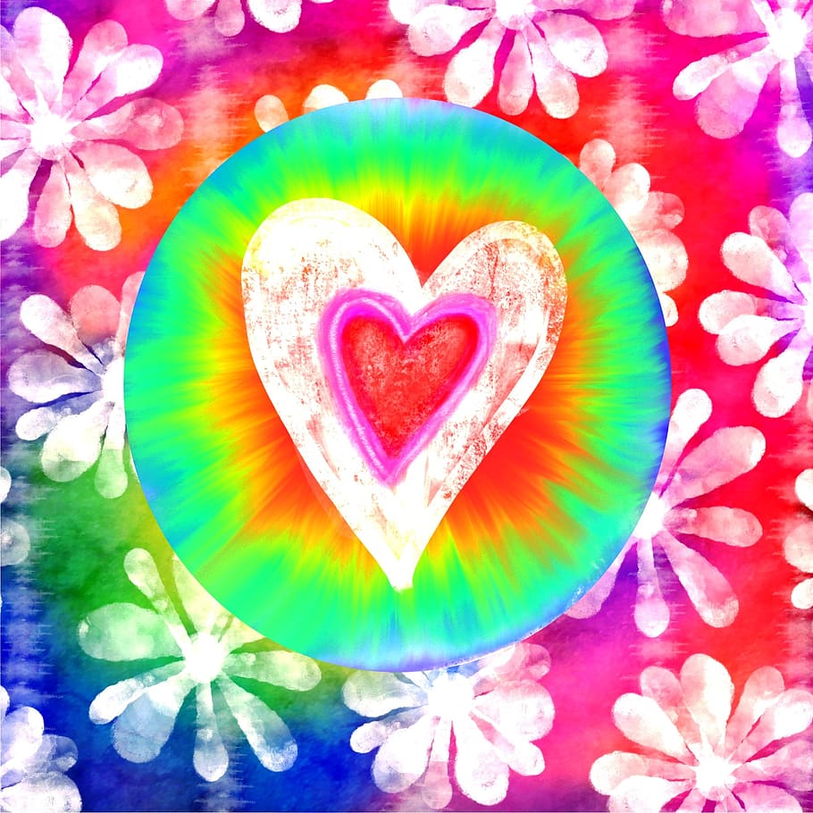 Ilustración de corazón multicolor, amor, hippy, arco iris, colorido, tie dye, corazón, flores, forma del corazón, emoción positiva