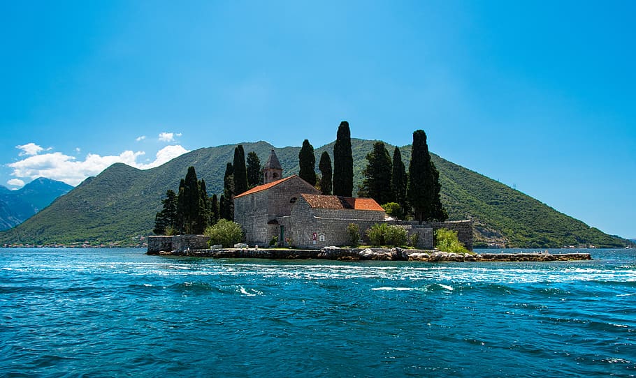 sveti jurat, jveti dorde, island, perast, montenegro, sea, cove, kotor, church, balkans