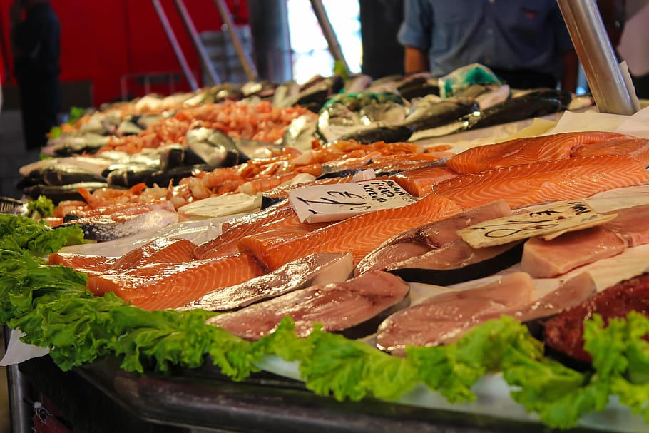 raw fish lot, market, fish, food, frisch, sea animals, italy, salmon, tuna, sea bream