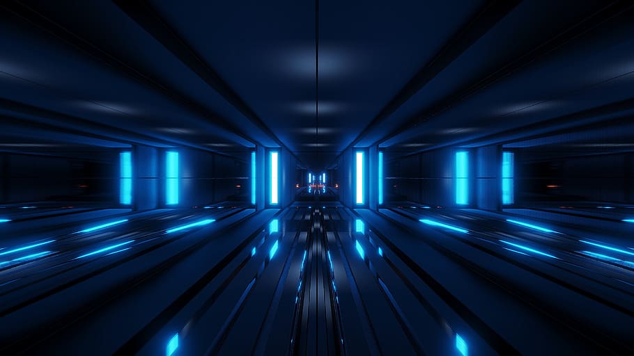 bersih, terowongan, sci-fi, scifi, 3d rendering, ilustrasi 3d, cahaya biru, cermin, kaca, termenung