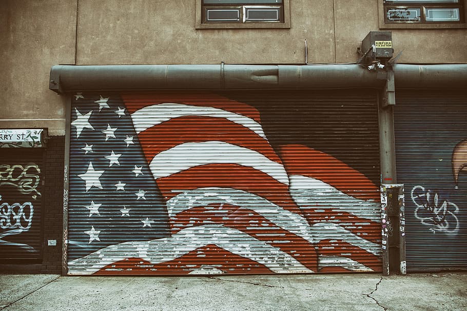 flag., shot, taken, nova, cidade de york, bandeira americana, Williamsburg, Brooklyn, Nova York, cidade de Nova York