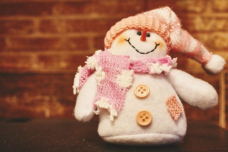 boneco de neve, pelúcia, brinquedo, preto, pano, branco, bege, rosa, cachecol, chapéu