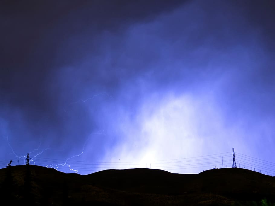 photo of lightning, storm, lightning, sky, blue, night, dark, silhouette, clouds, cloudy