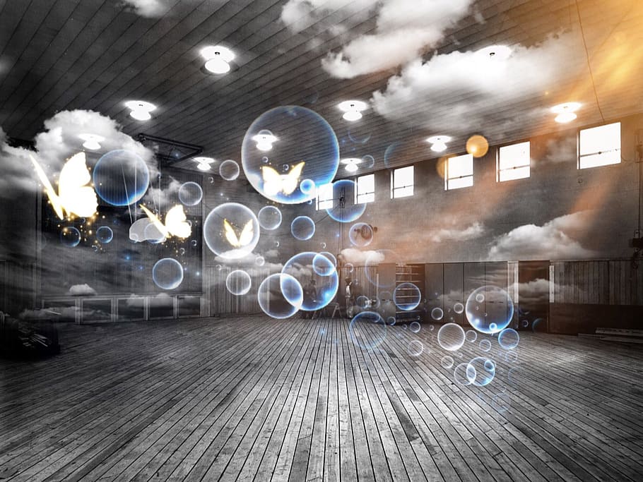 grayscale photo, bubbles, room, sports hall, soap bubbles, surreal, clouds, heavenly, ease, dance