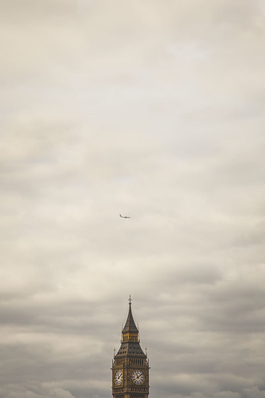 gray, airplane, sky, white, mid, daytime, big ben, clock, time, building