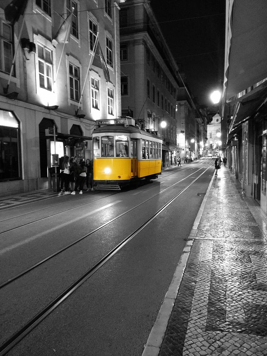 selective, color photograph, yellow, white, tram, portugal, lisbon, metro, street, black