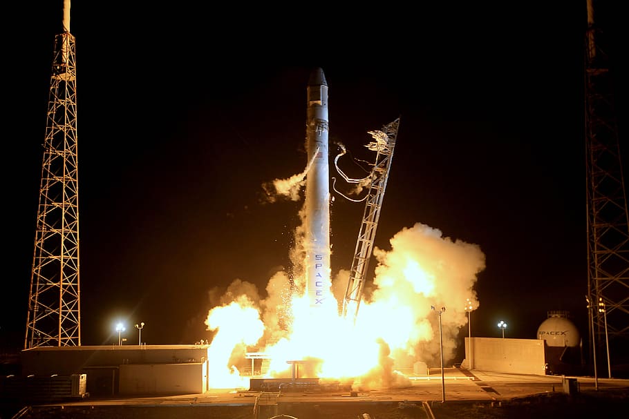 rocket launch, night, countdown, spacex, lift-off, launch, flames, propulsion, space, rocket