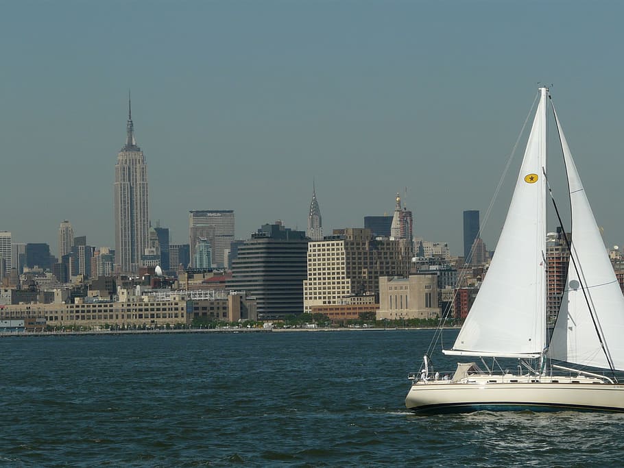 hudson river, sailboat, sailing, sail, new york city, nyc, cityscape, skyline, waterfront, downtown