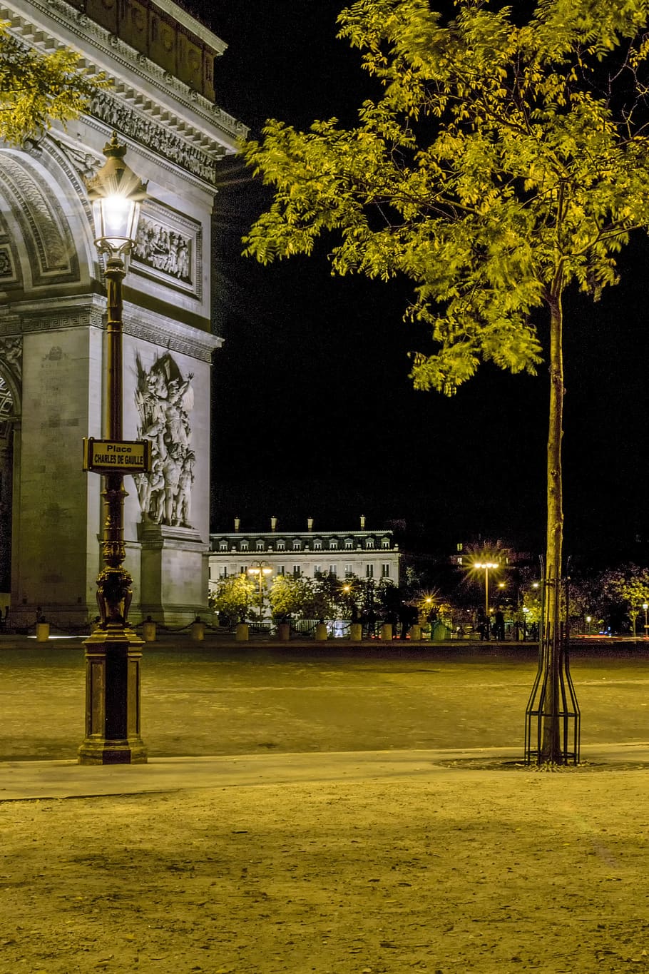 france, paris, triumphal arch, city, night, tree, plant, illuminated, architecture, built structure