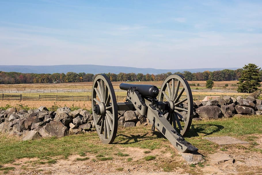gris, cañón, al lado, rocas, durante el día, gettysburg, parque, canon, pensilvania, civil