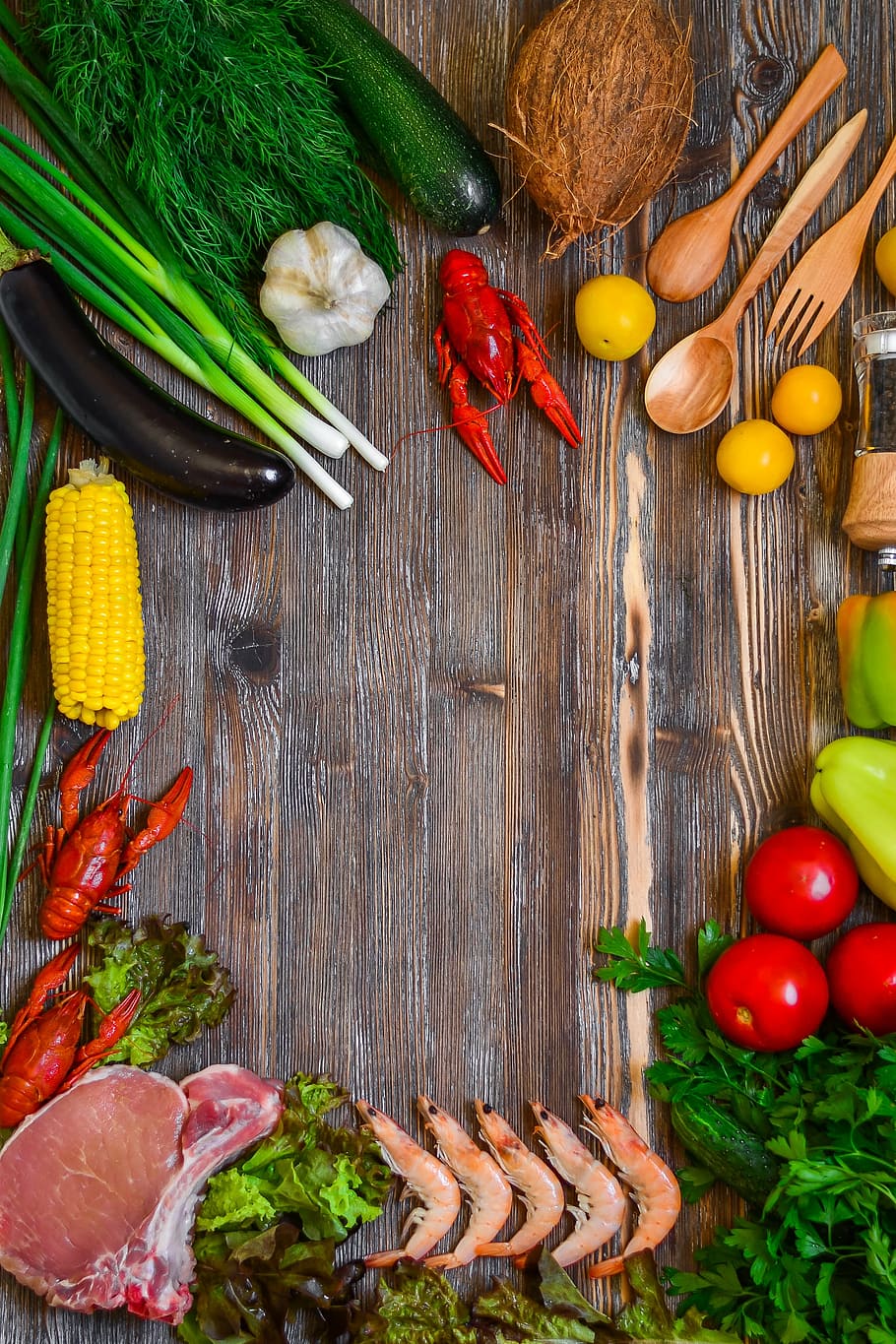 Primer plano, foto, variedad, verduras, alimentos, productos, rústico, carne, cocina, alimentación saludable