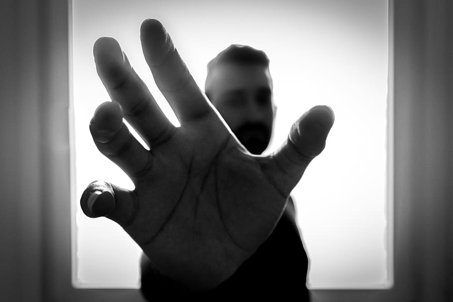 hand, palm, finger, black and white, people, man, window, silhouette, one person, human hand