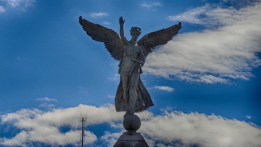 george-etienne cartier, montreal, anjo, asas, monumento, céu, estátua, fêmea, mão levantada, canadá