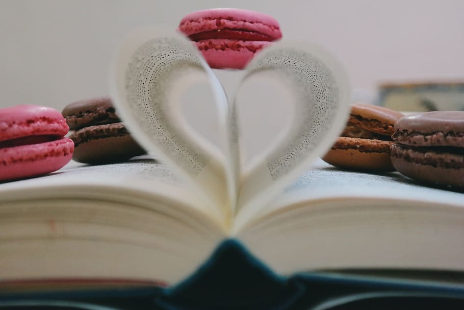 several, macaroons, top, book, heart, shaped, open, page, french, background
