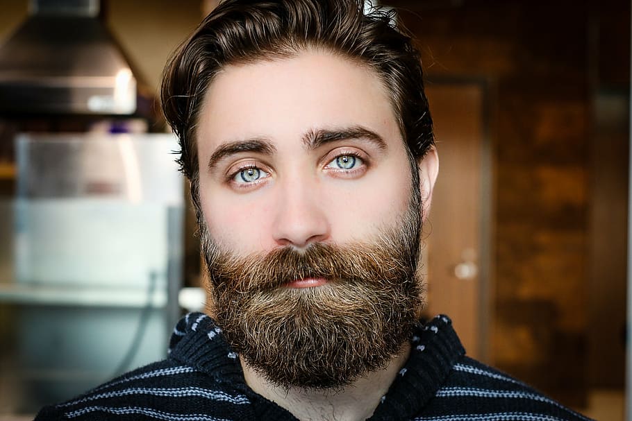 man, wearing, black, white, crochet, top, taking, close-up, beard, face