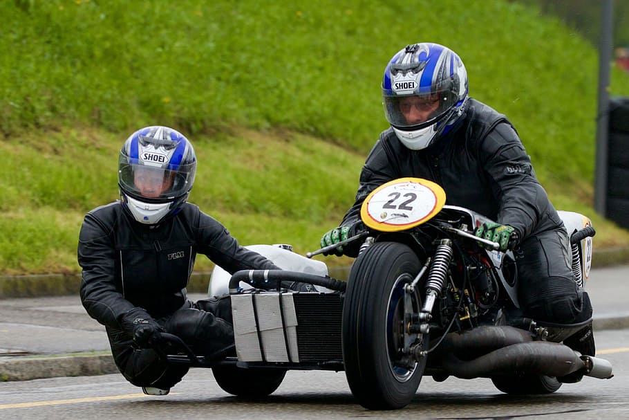 Motorcycle, Sidecar, Oldtimer, Race, Wet, motorcycle, sidecar, crash helmet, two people, helmet, biker