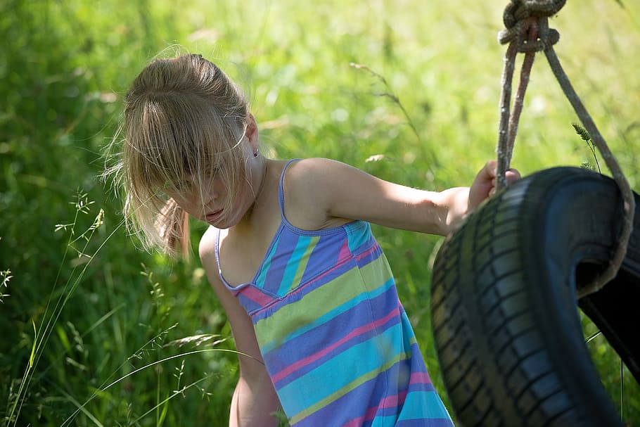 person, human, child, girl, blond, nature, play, tire swing, meadow, summer
