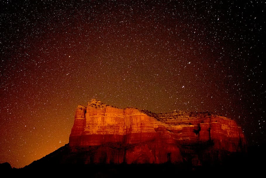 photography, rock formation, stars, nature, mountain, cliff, sky, night, landscape, utah