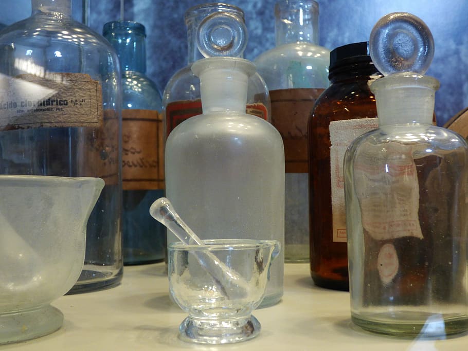 chemistry, mortar, chemical principles, elements, vintage, container, glass - material, bottle, transparent, jar