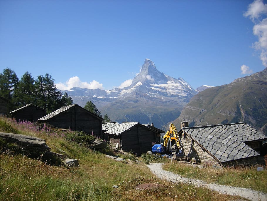 Suiza, Zermatt, Matterhorn, cabaña, montaña, cordillera, casa, nieve, paisaje, arquitectura