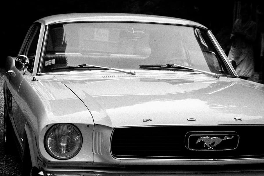 grayscale photography, classic, ford mustang coupe, ford, mustang, car, automotive, white, old, gloss