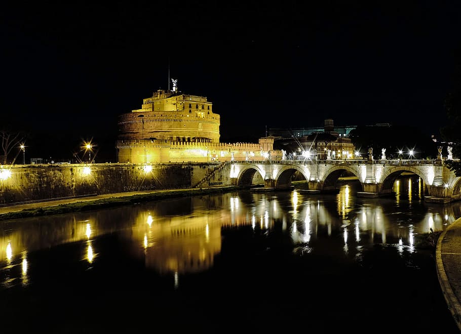 rome, lazio, italy, bridge, ponte sant'angelo, castle, castel sant'angelo, long exposure, river, tiber