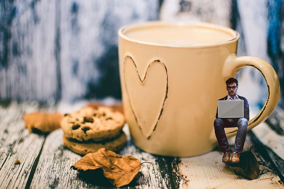 man, sitting, brown, mug, handle, coffee, cookies, breakfast, cup, drink