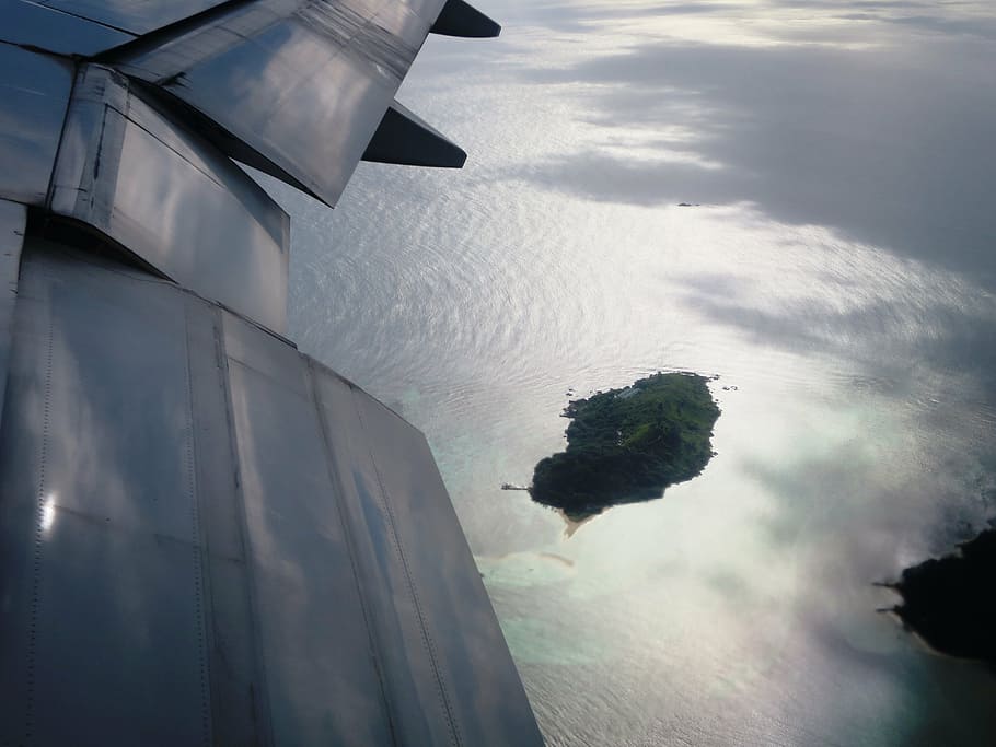 aircraft, island, fly, from above, out of plane, outlook, sky, cloud - sky, nature, water