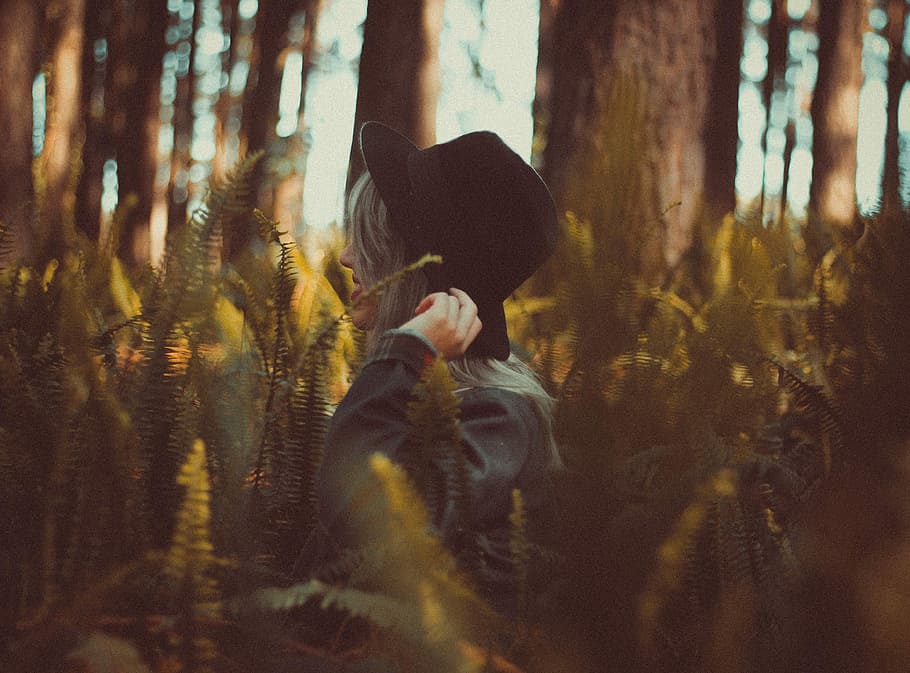 woman, fedora hat, grey, jacket, nature, forest, outdoors, people, tree, men