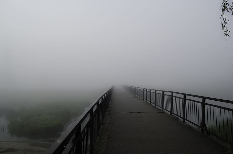 foggy dock, Fog, Bridge, Beach, Vista, Railing, dampness, aerial perspective, air, haze
